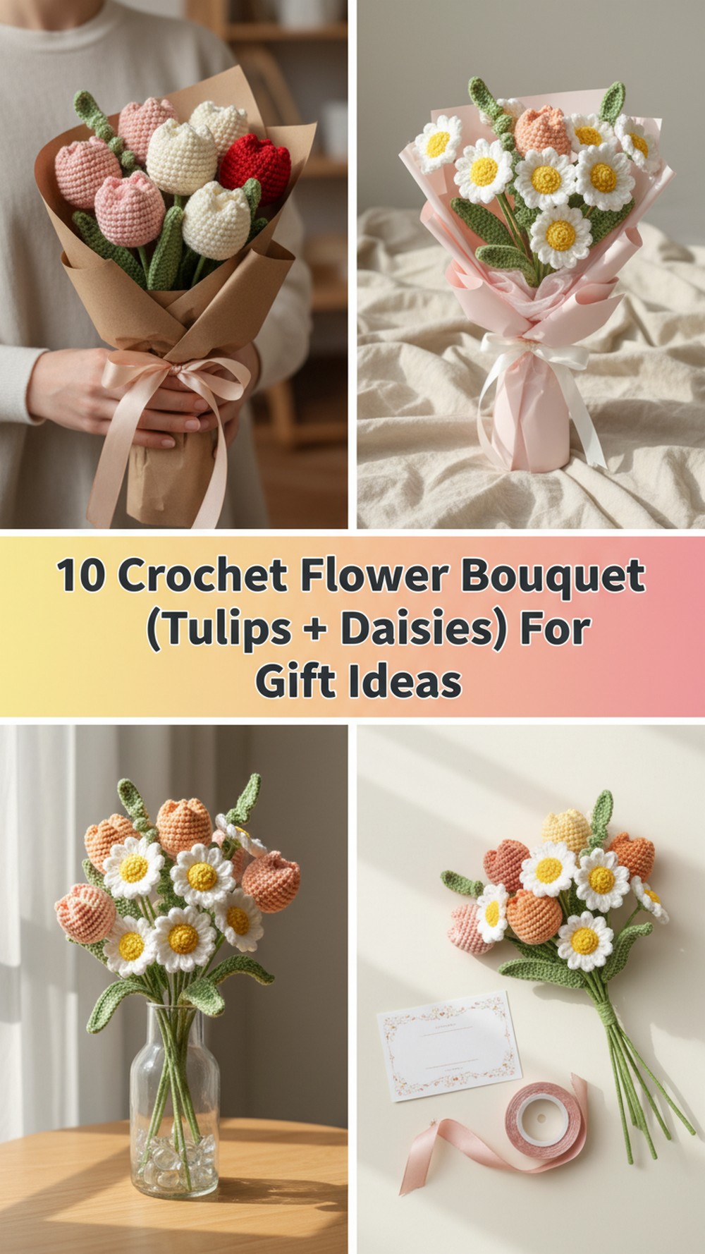 Crochet Flower Bouquet (Tulips + Daisies) For Gift Ideas