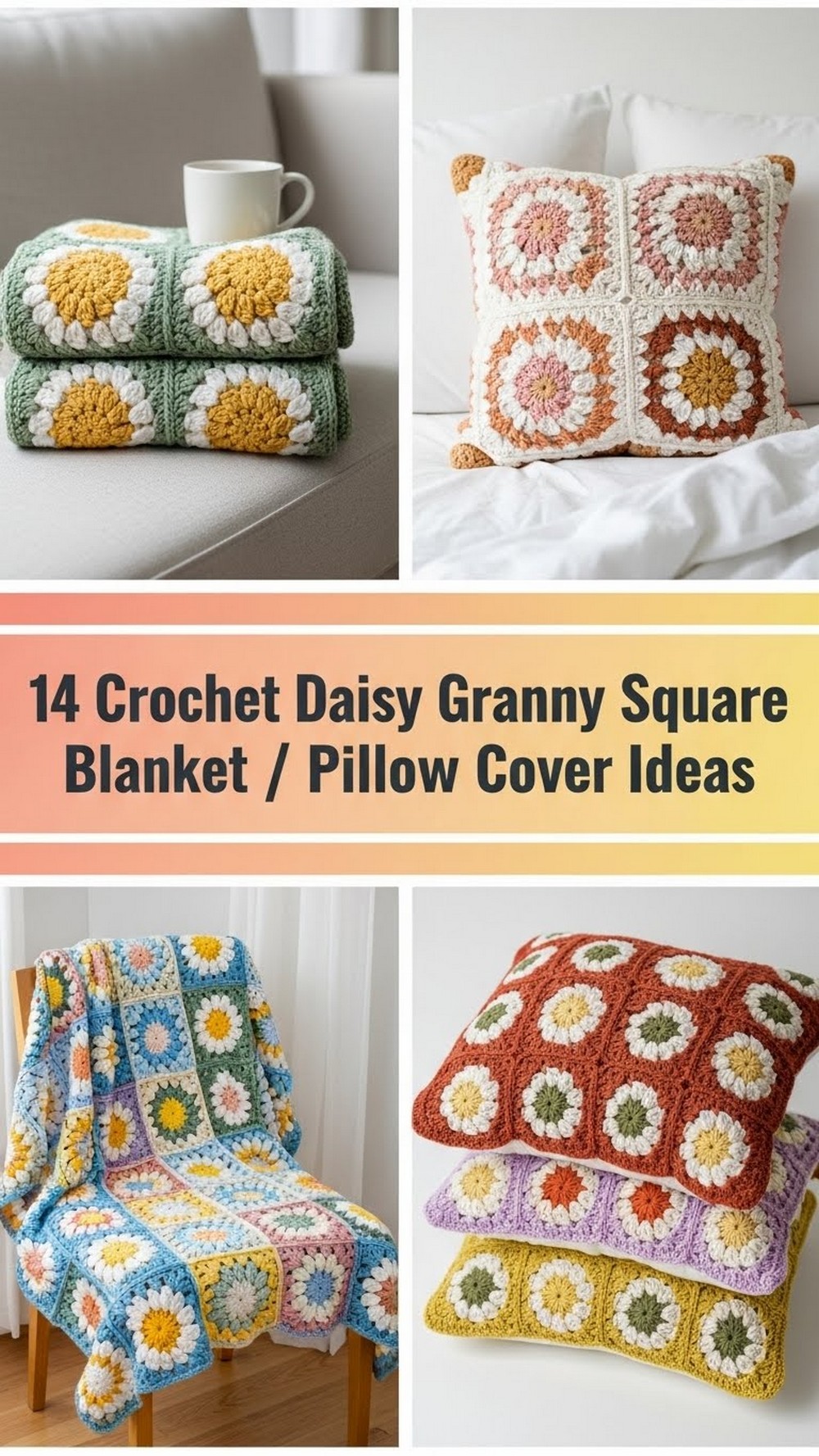 Crochet Daisy Granny Square Blanket Pillow Cover Ideas