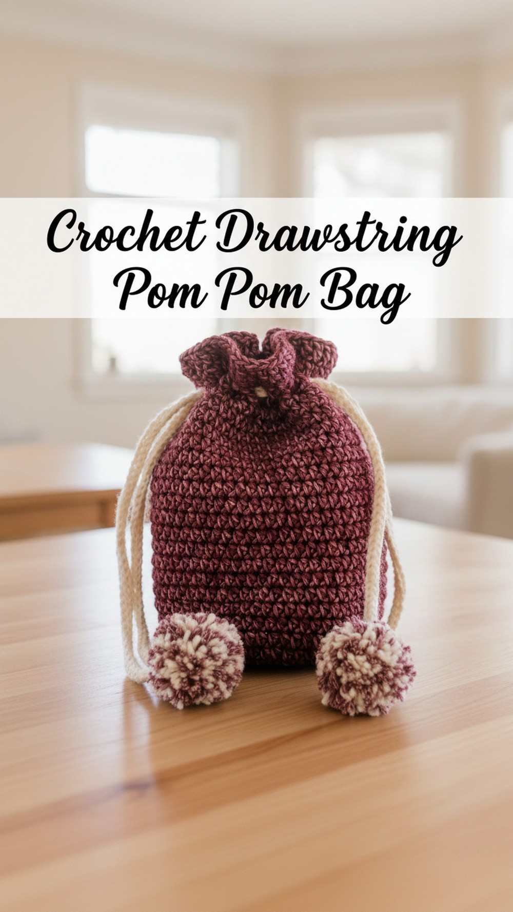 Crochet Drawstring Pom Pom Bag