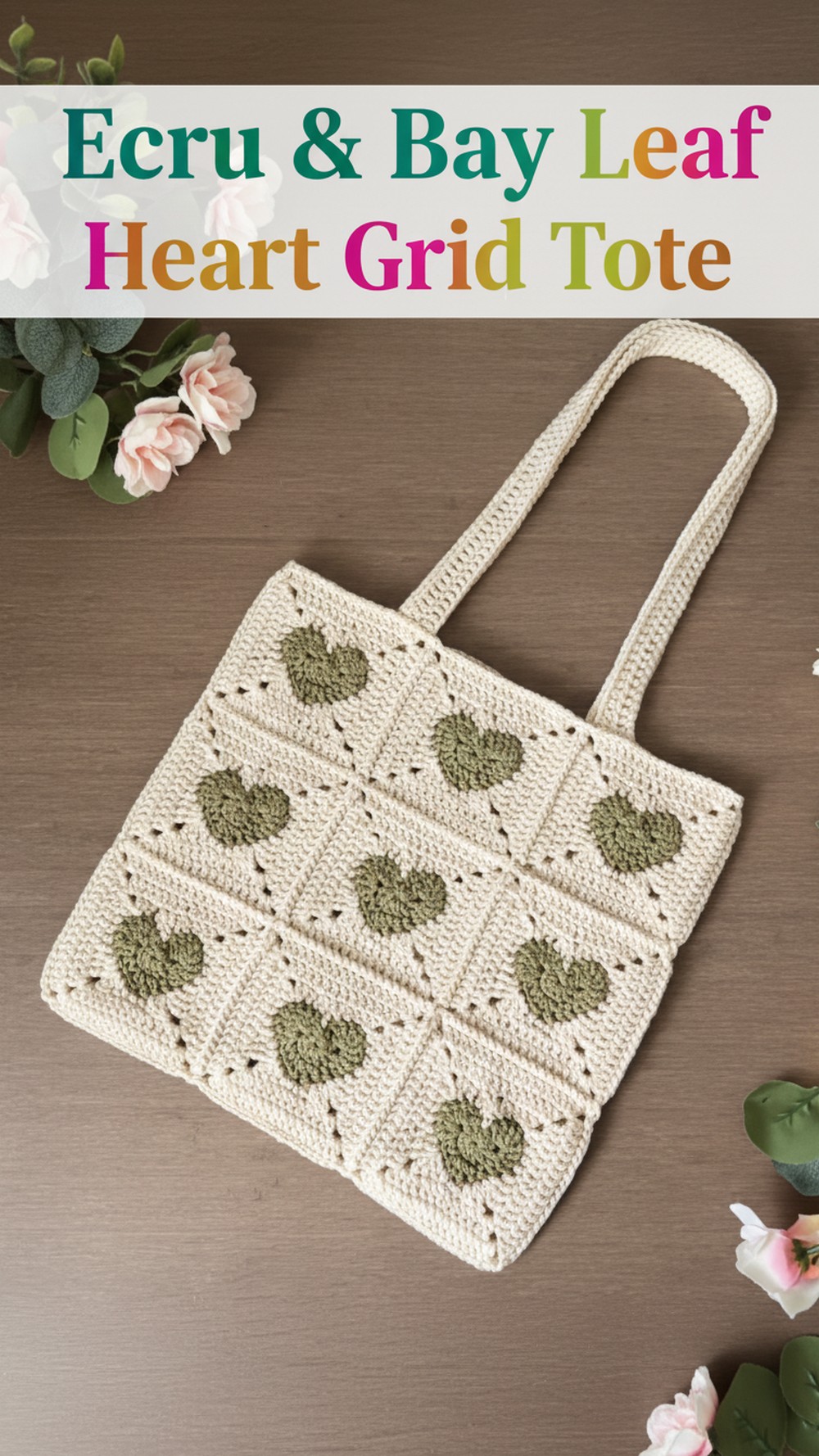 Ecru & Bay Leaf Heart Grid Tote
