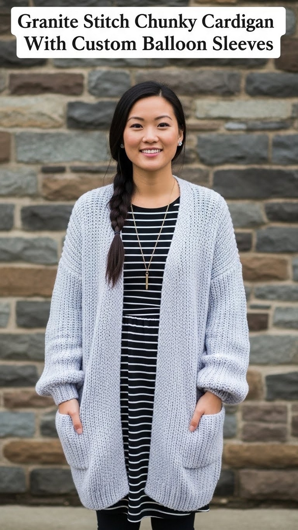 Granite Stitch Chunky Cardigan With Custom Balloon Sleeves