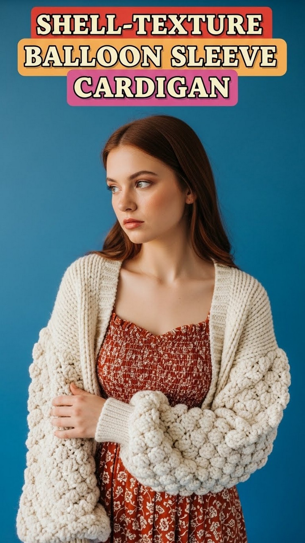 Shell-Texture Balloon Sleeve Cardigan