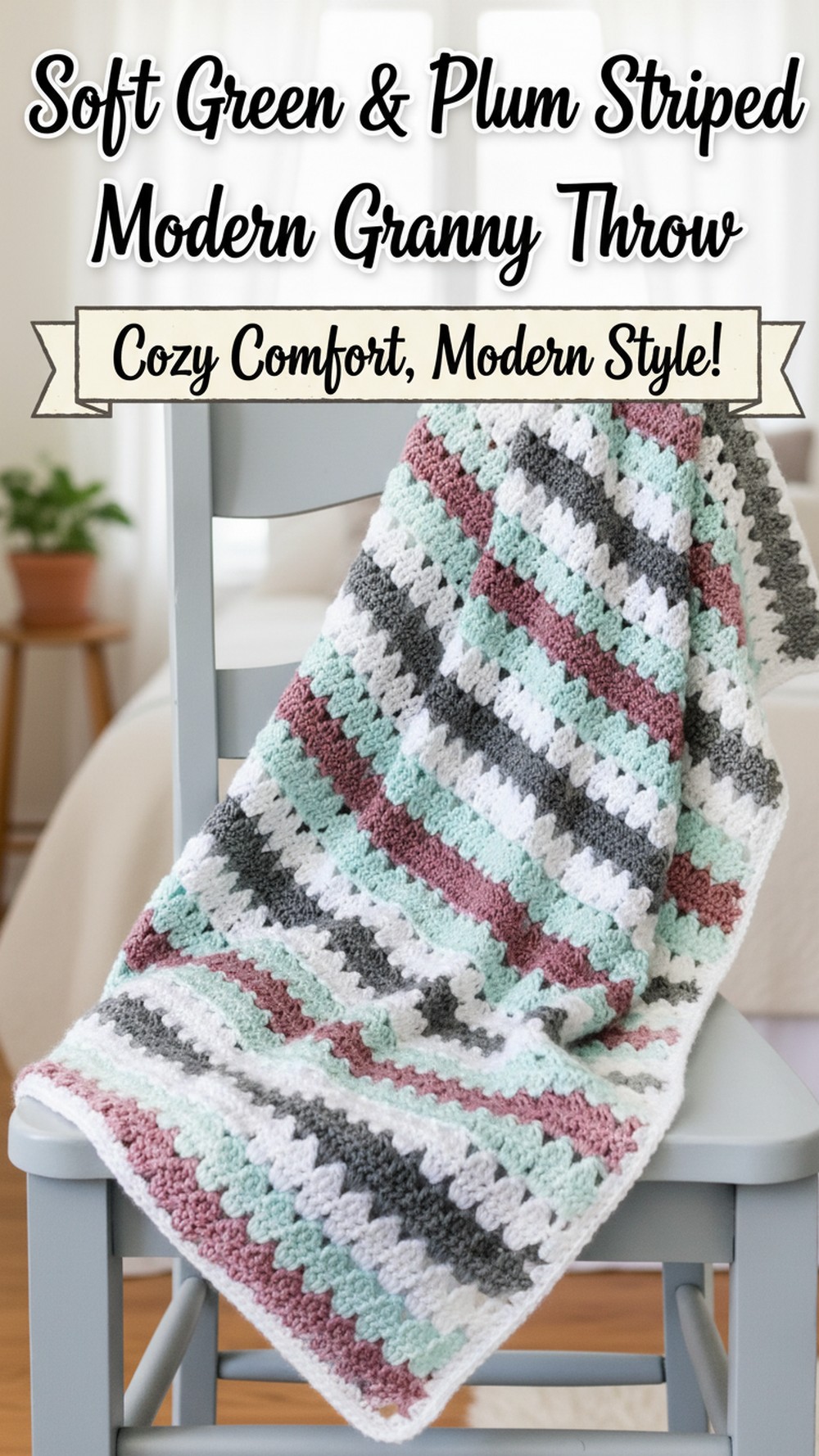 Soft Green & Plum Striped Modern Granny Throw