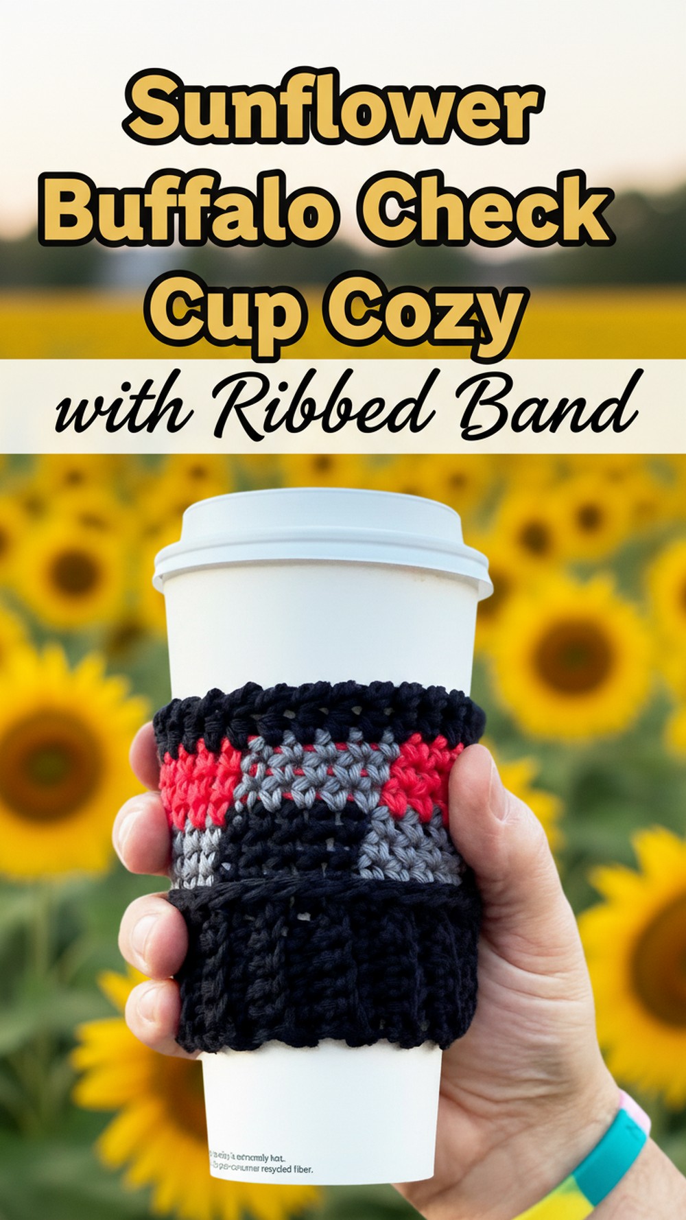 Sunflower Buffalo Check Cup Cozy with Ribbed Band