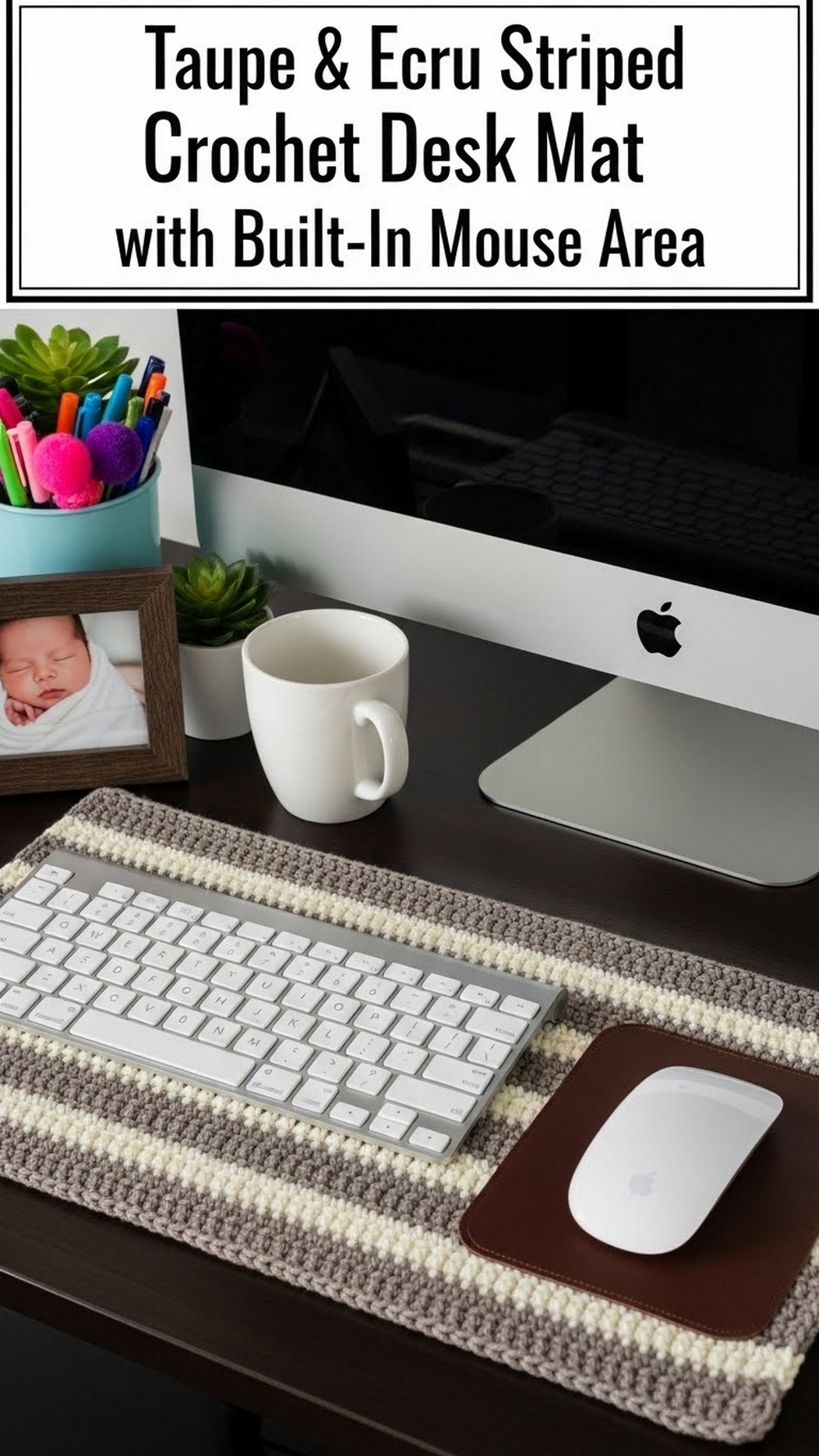 Taupe & Ecru Striped Crochet Desk Mat with Built-In Mouse Area
