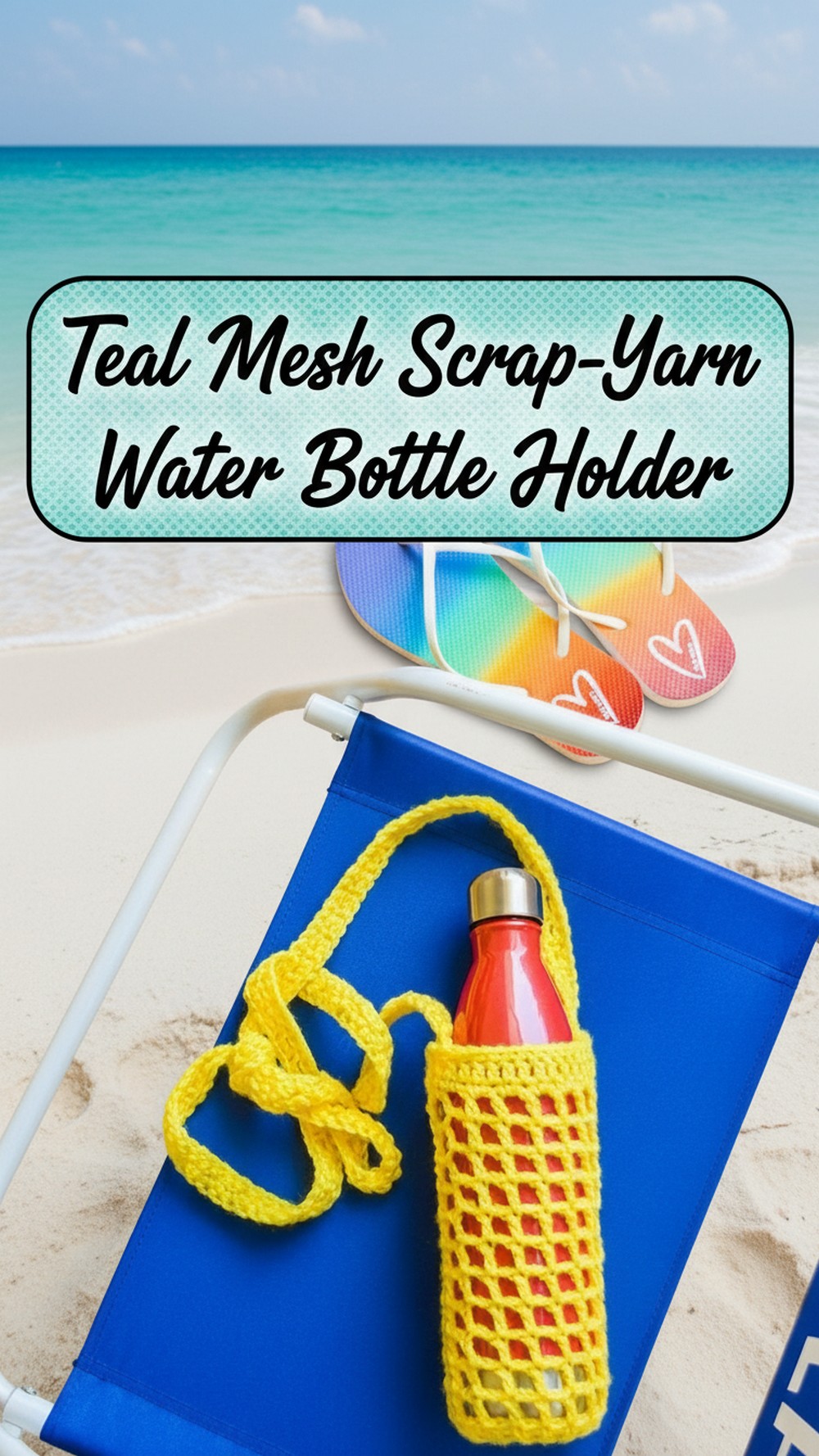Teal Mesh Scrap-Yarn Water Bottle Holder