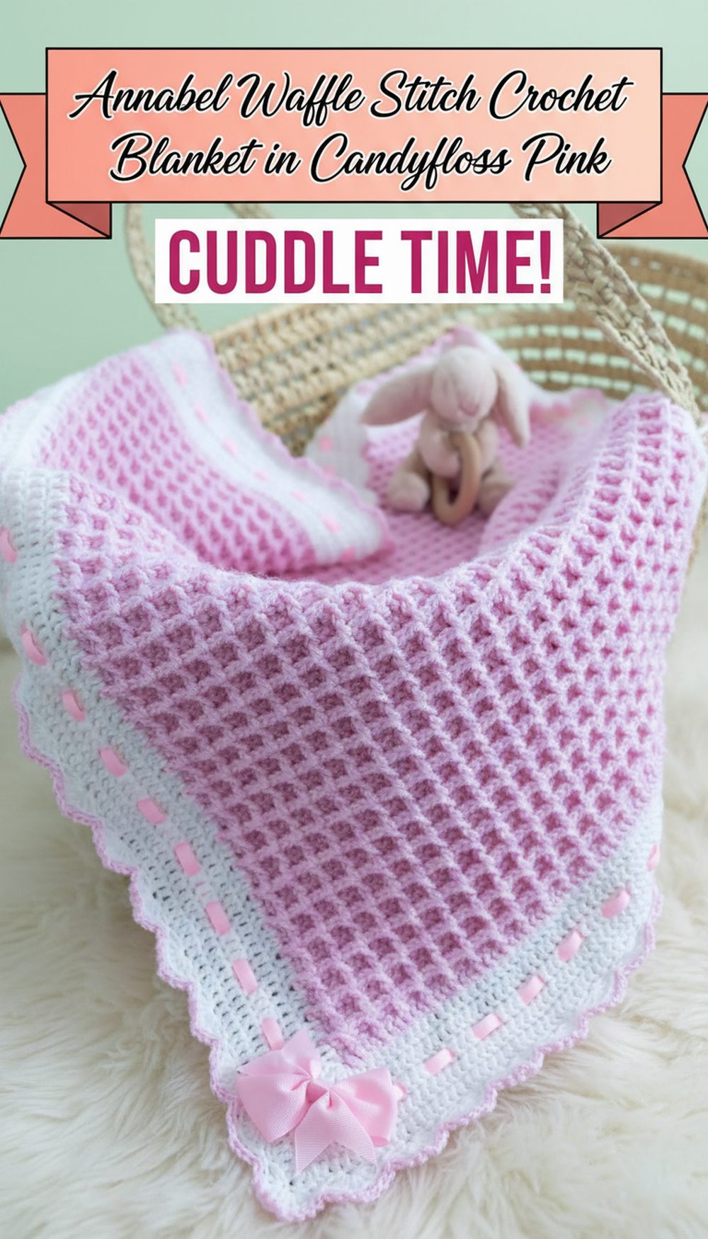 Annabel Waffle Stitch Crochet Baby Blanket in Candyfloss Pink