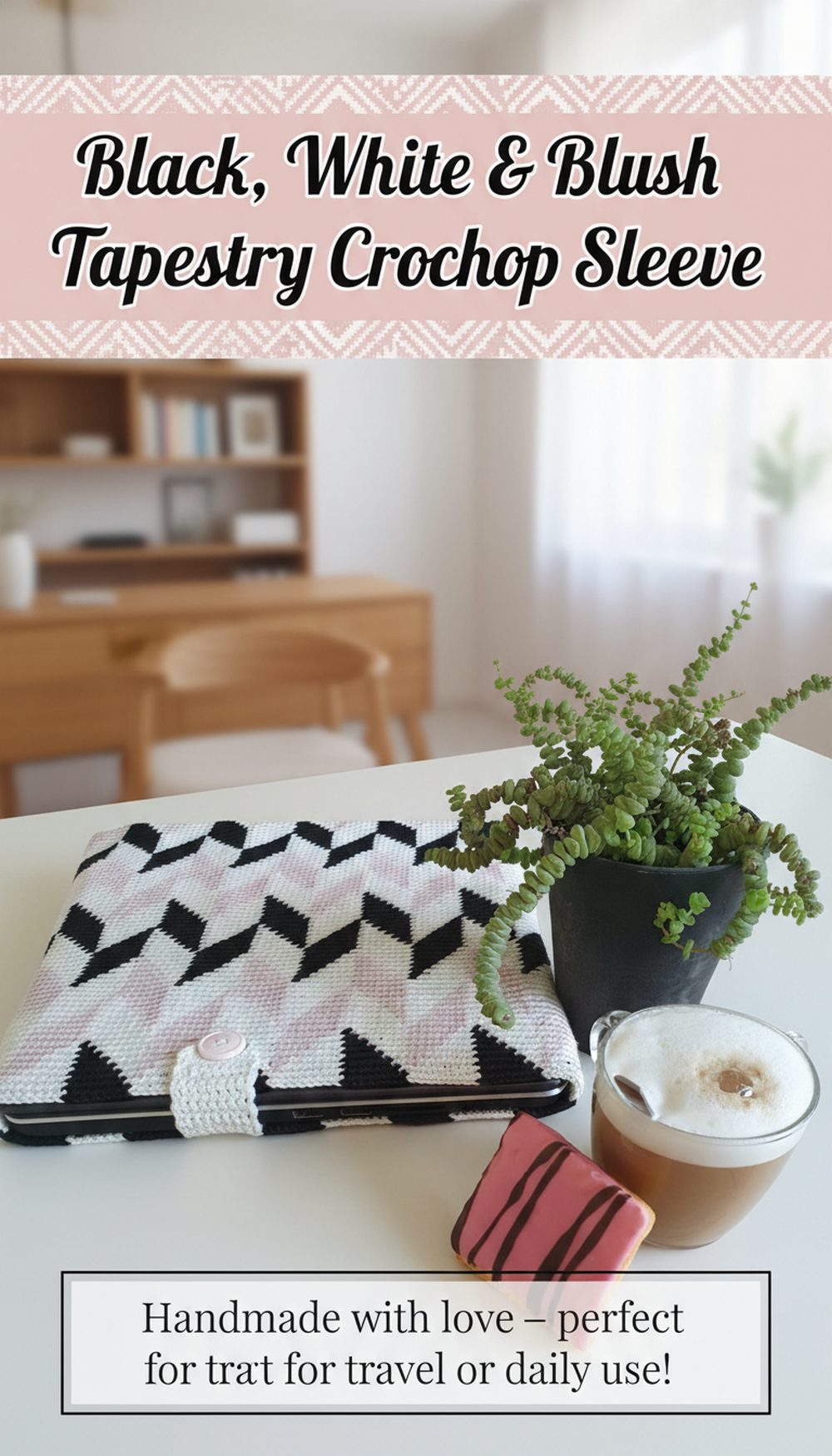 Black, White & Blush Tapestry Crochet Laptop Sleeve