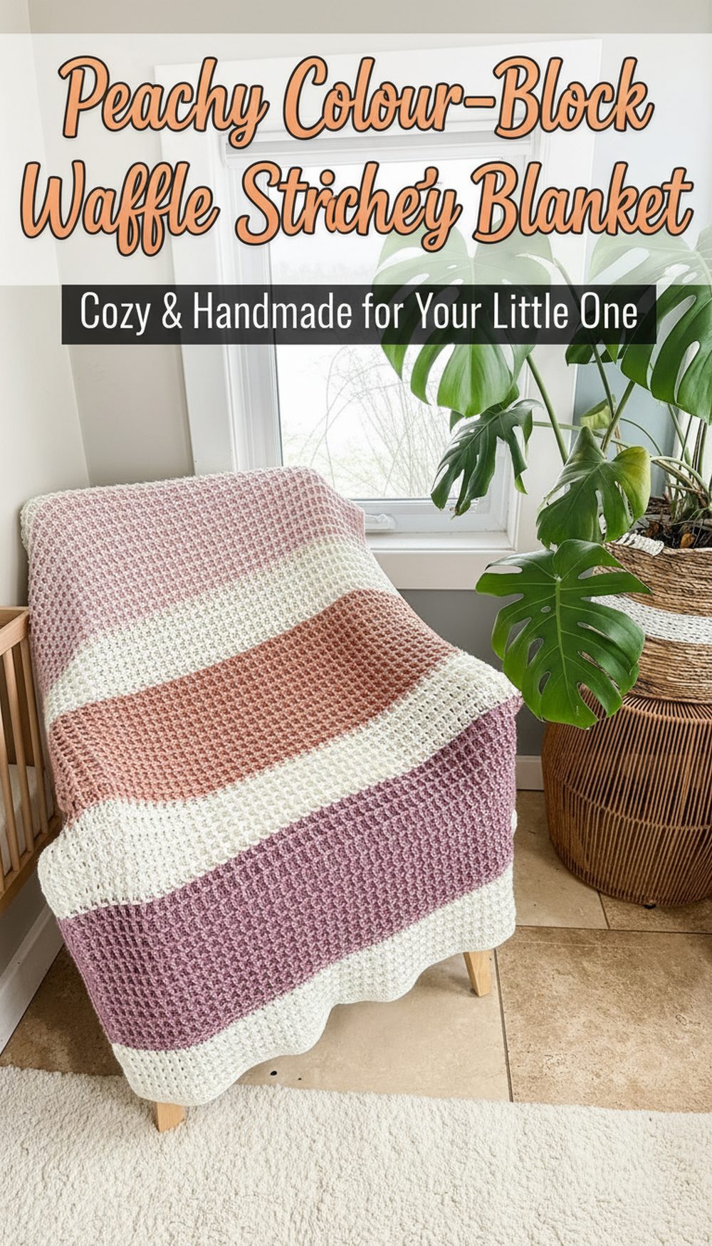 Peachy Colour-Block Waffle Stitch Crochet Baby Blanket