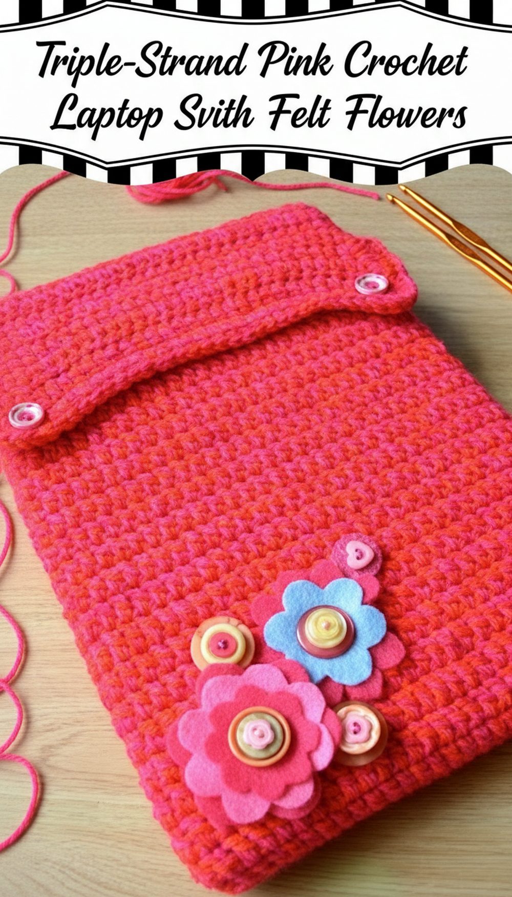 Triple-Strand Pink Crochet Laptop Sleeve with Felt Flowers