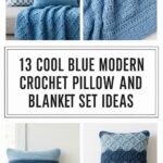 Cool Blue Modern Crochet Pillow And Blanket Set Ideas