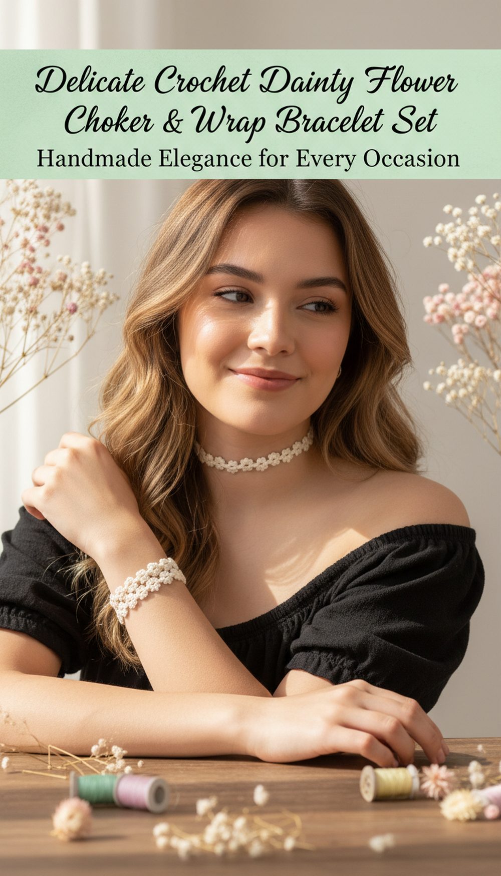 Delicate Crochet Dainty Flower Choker & Wrap Bracelet Set