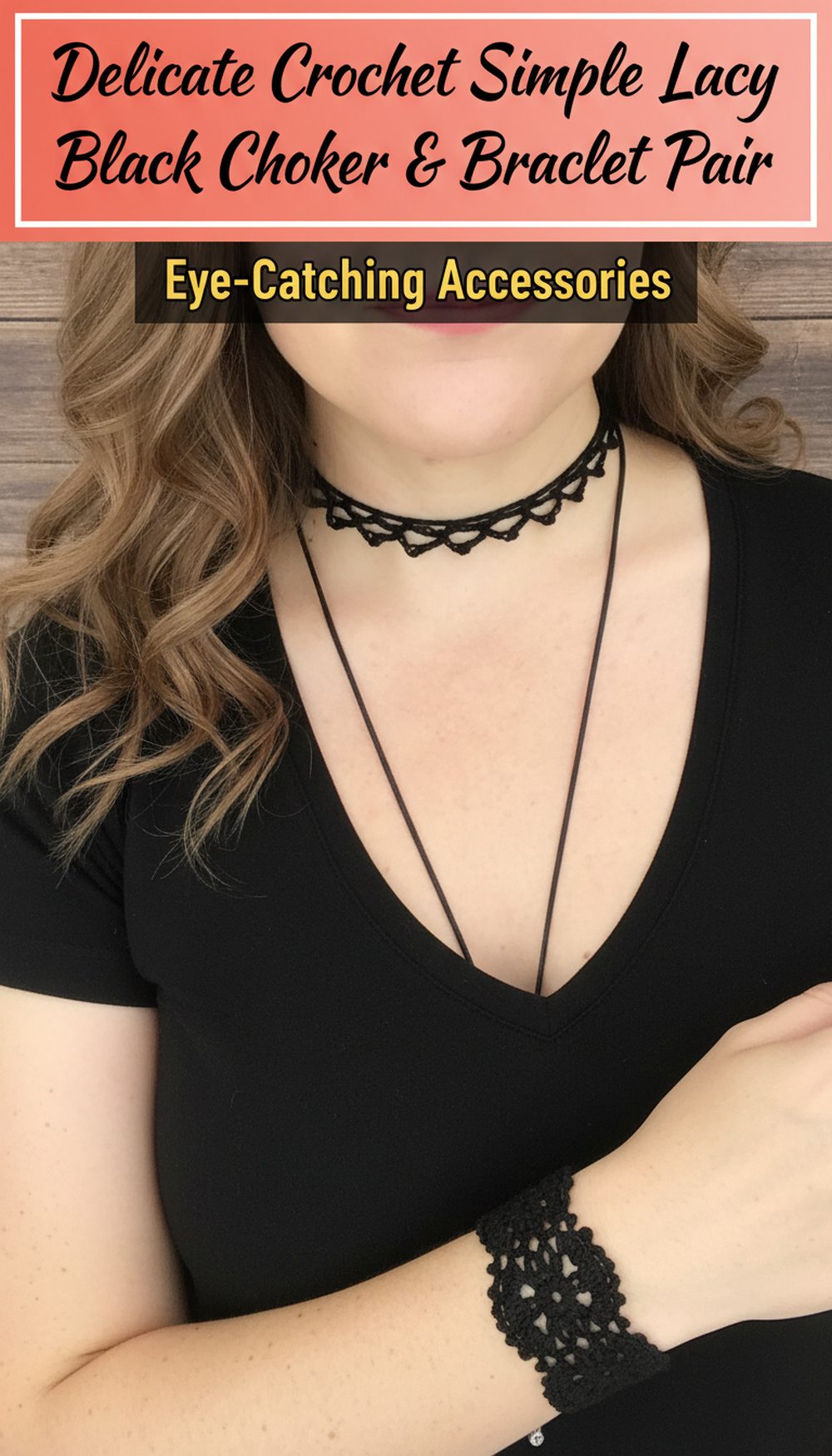 Delicate Crochet Simple Lacy Black Choker & Bracelet Pair
