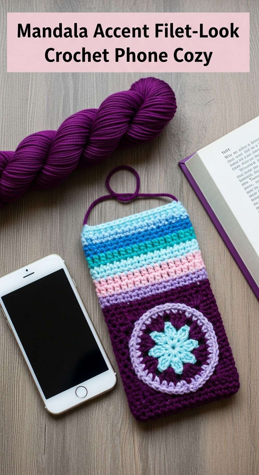 Mandala Accent Filet-Look Crochet Phone Cozy
