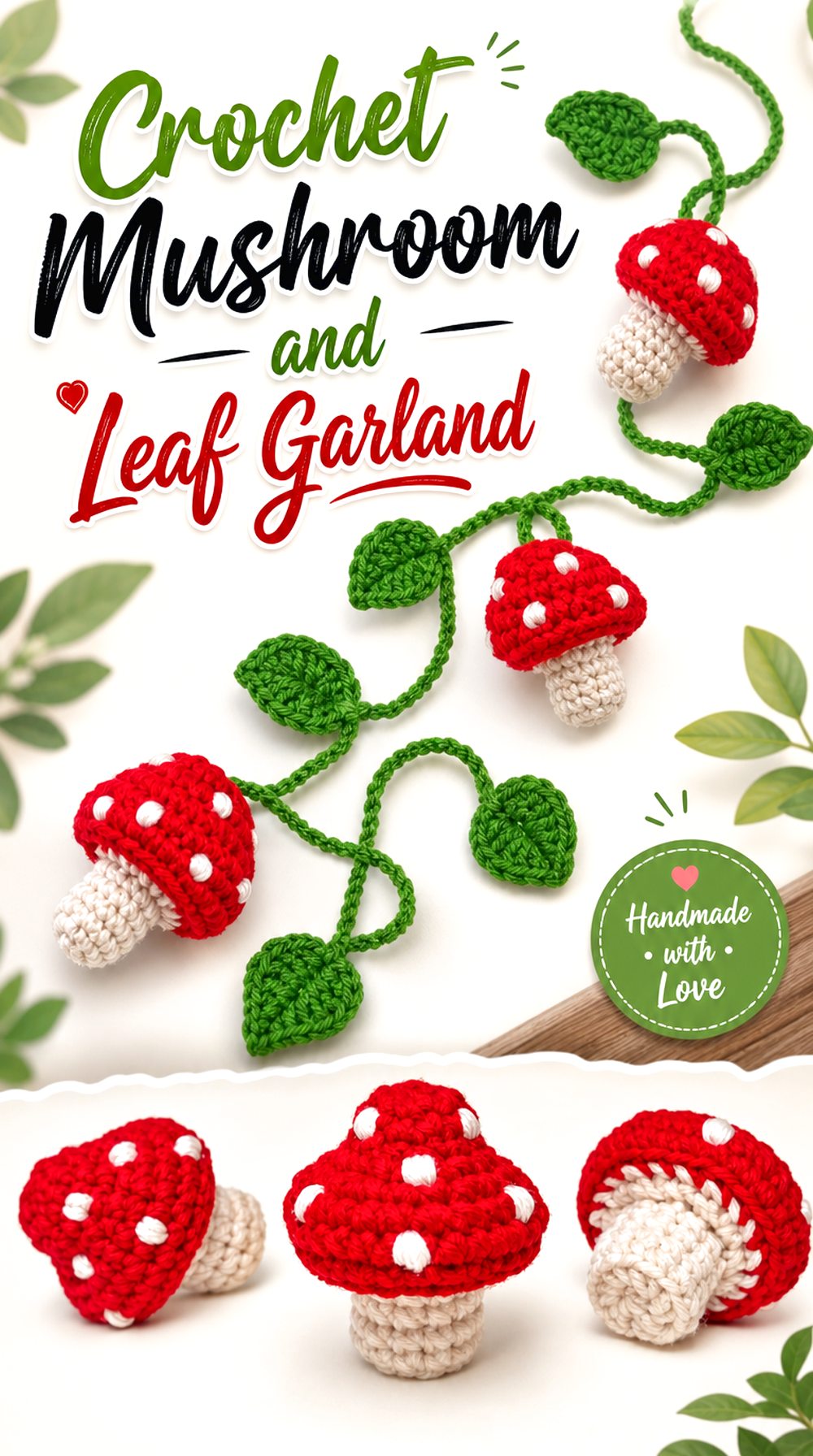 Crochet Mushroom and Leaf Garland