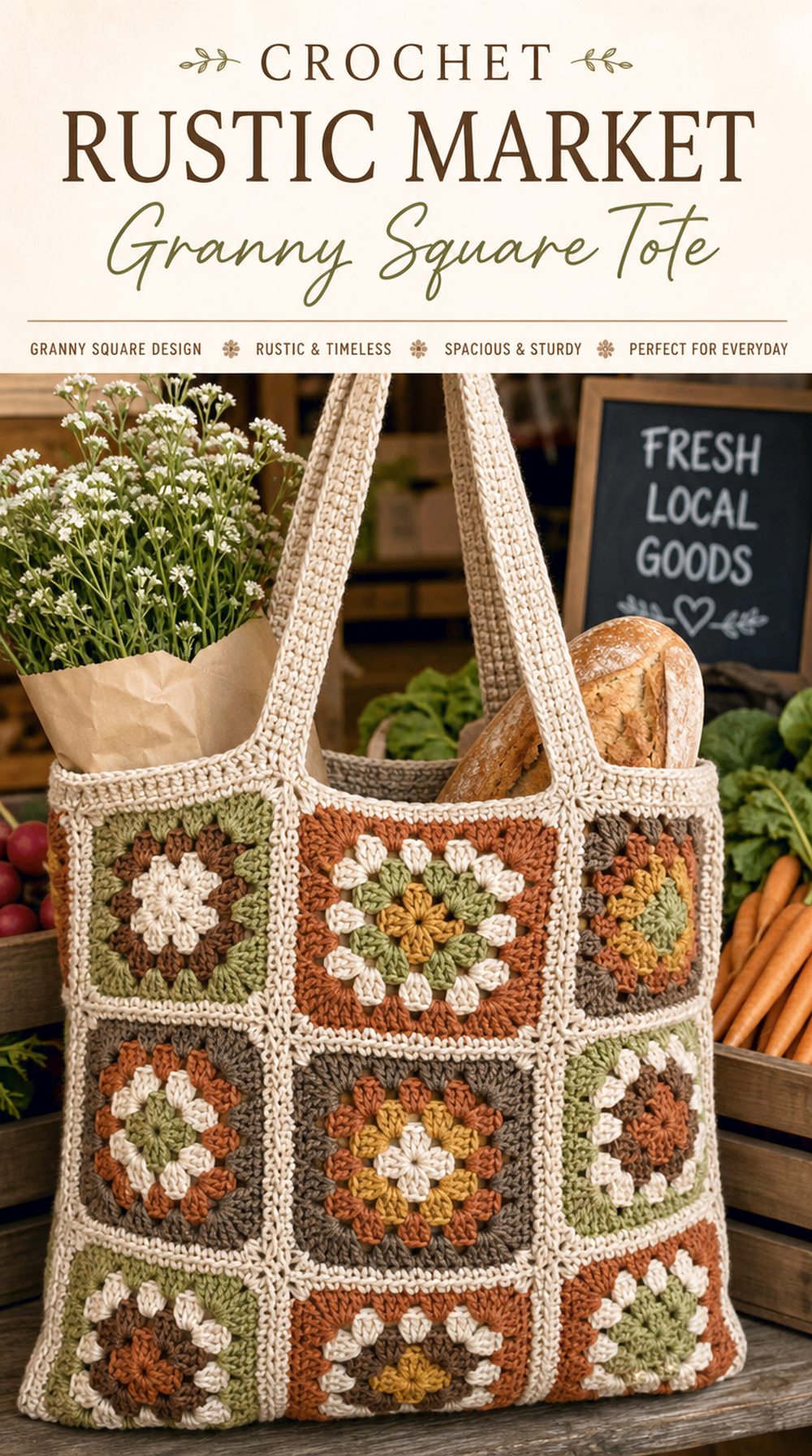Crochet Rustic Market Granny Square Tote