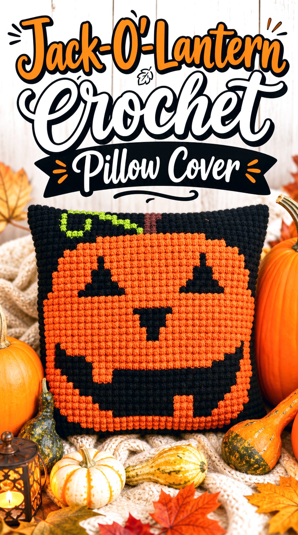 Jack-O’-Lantern Crochet Pillow Cover