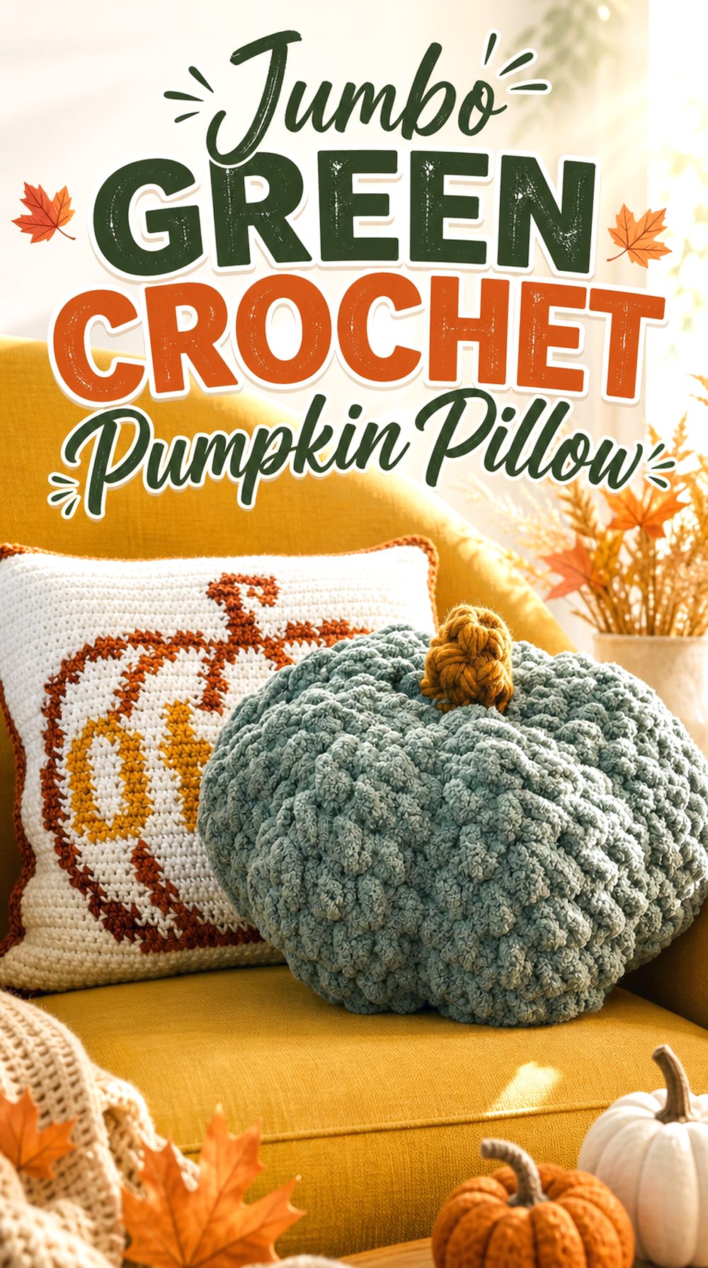 Jumbo Green Crochet Pumpkin Pillow