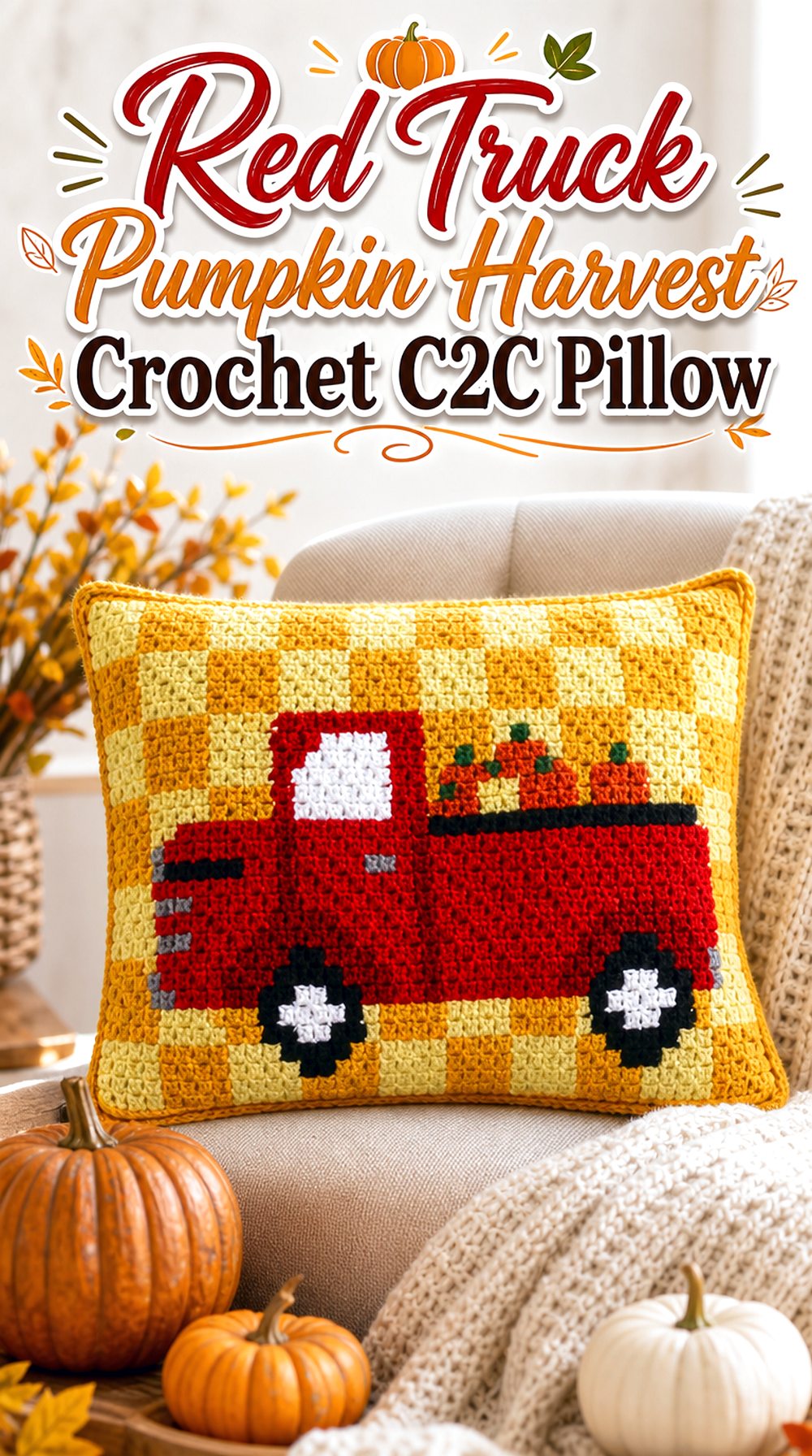 Red Truck Pumpkin Harvest Crochet CC Pillow