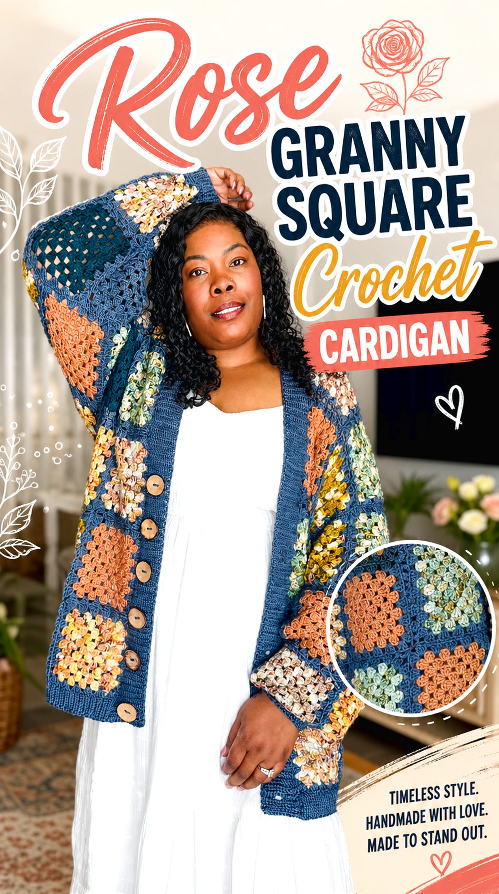 Rose Granny Square Crochet Cardigan
