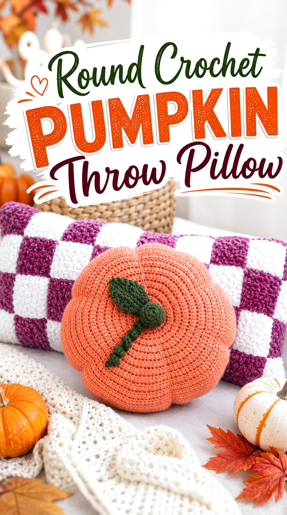 Round Crochet Pumpkin Throw Pillow