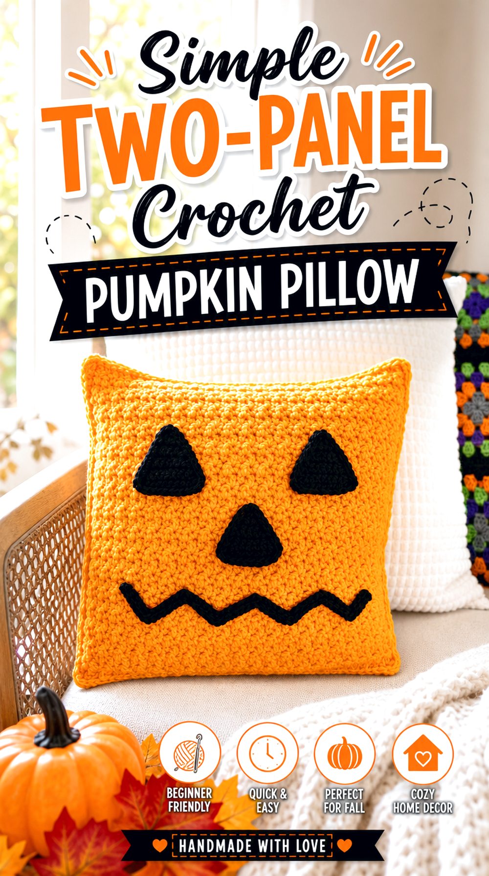 Simple Two-Panel Crochet Pumpkin Pillow