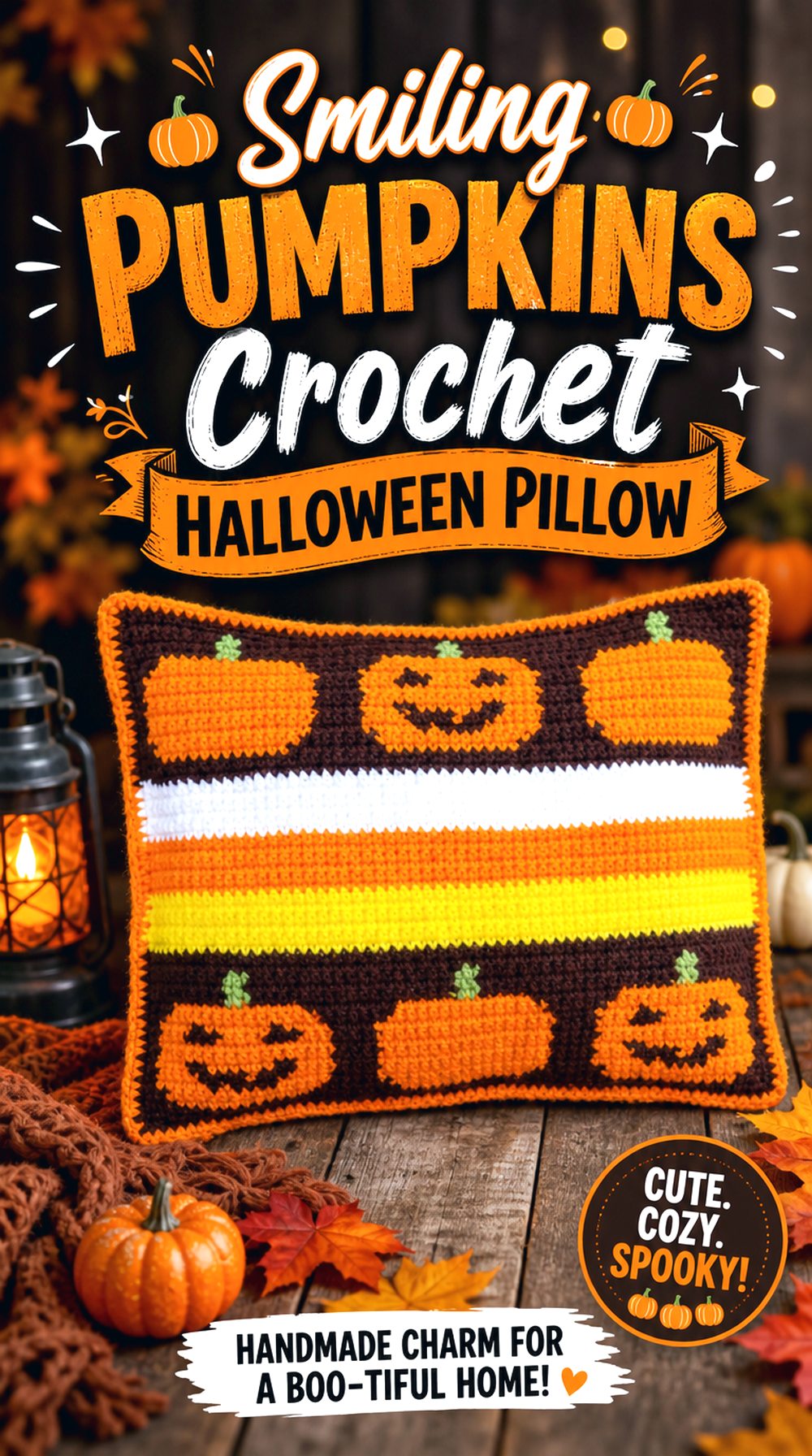 Smiling Pumpkins Crochet Halloween Pillow