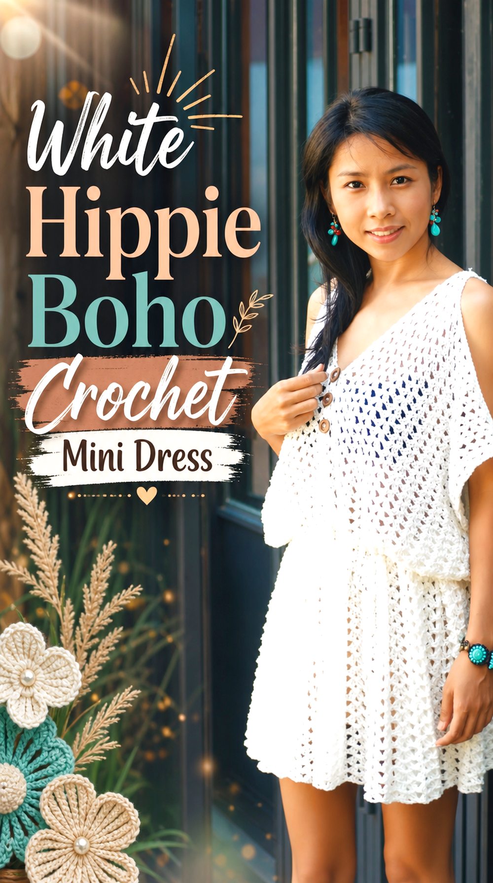 White Hippie Boho Crochet Mini Dress
