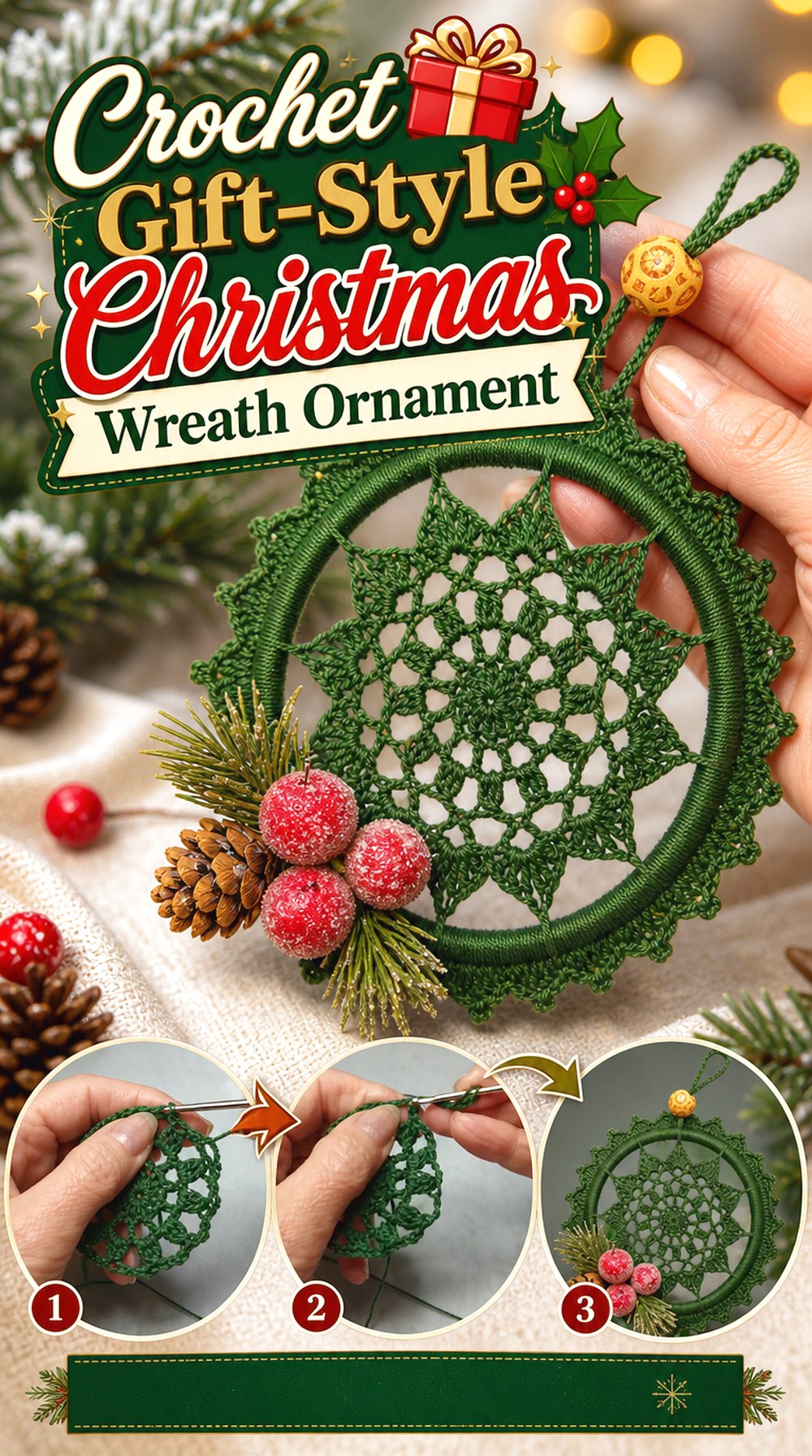 Crochet Gift-Style Christmas Wreath Ornament