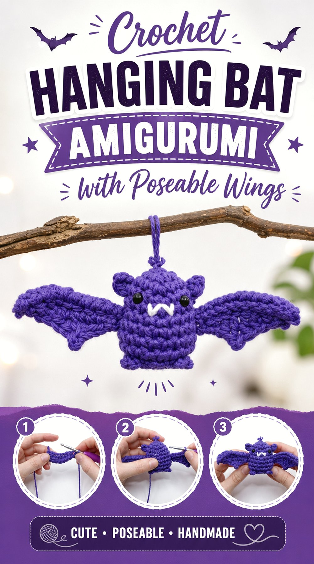 Crochet Hanging Bat Amigurumi with Poseable Wings