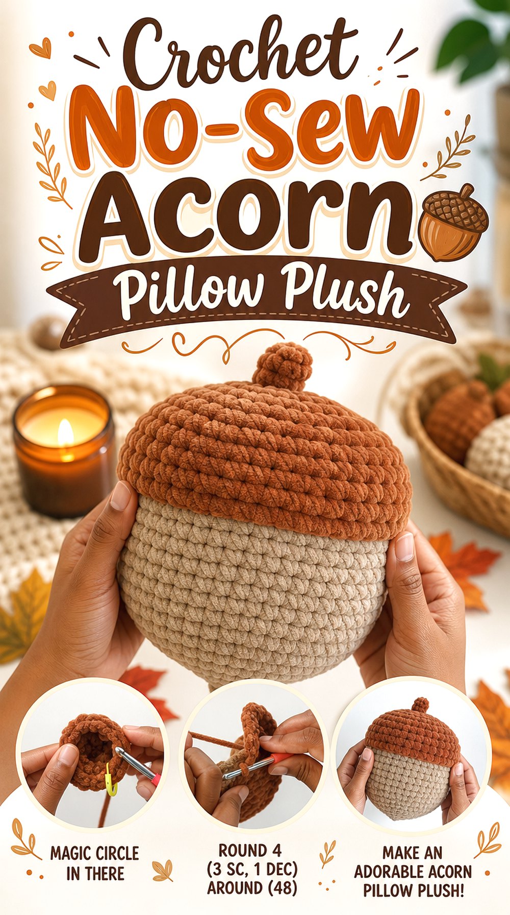 Crochet No-Sew Acorn Pillow Plush