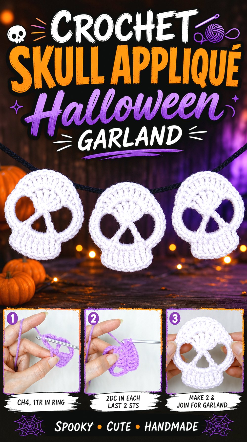 Crochet Skull Appliqué Halloween Garland