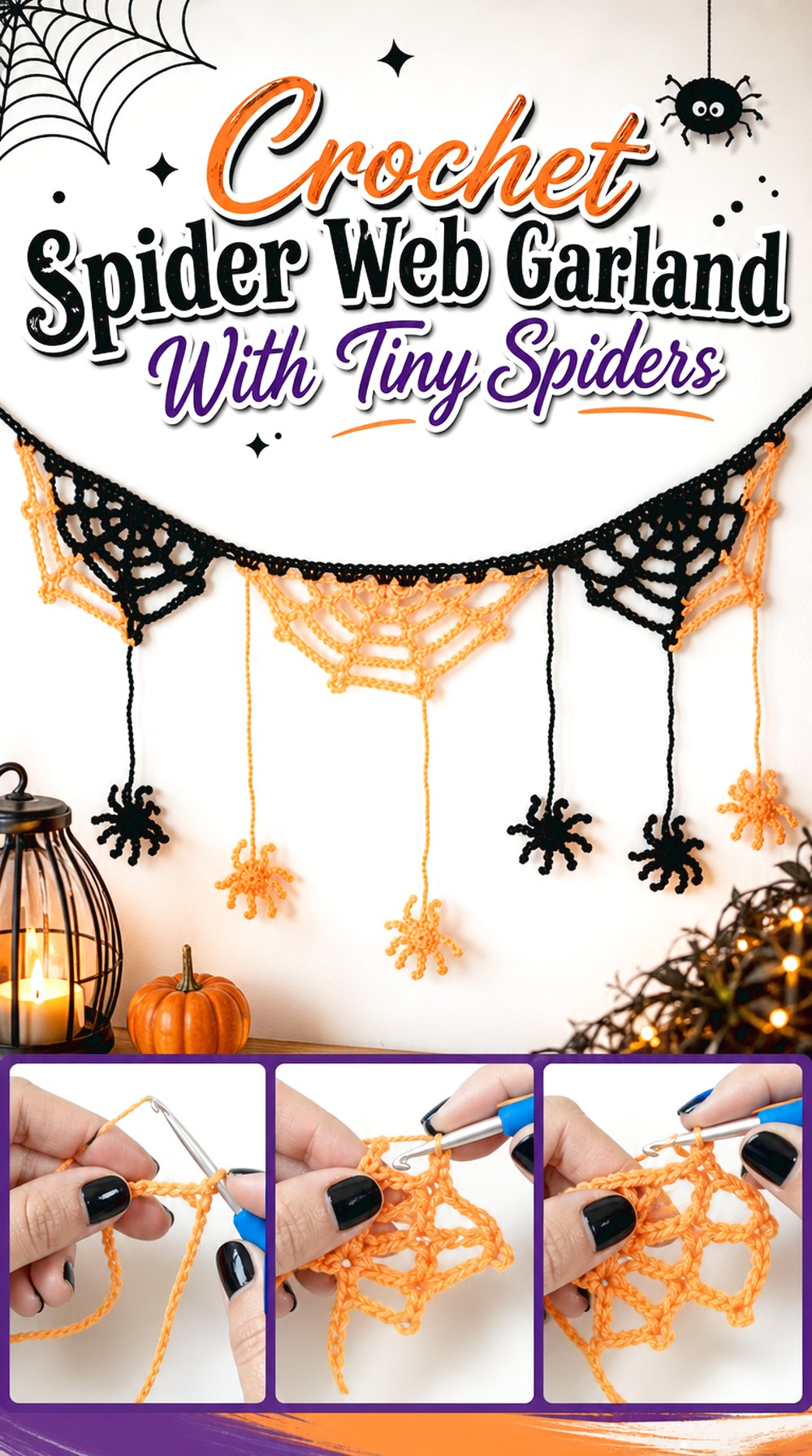 Crochet Spider Web Garland With Tiny Spiders